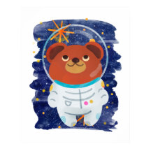 Urso Astronauta Flutuante Espaço Estrelas Aquarela
