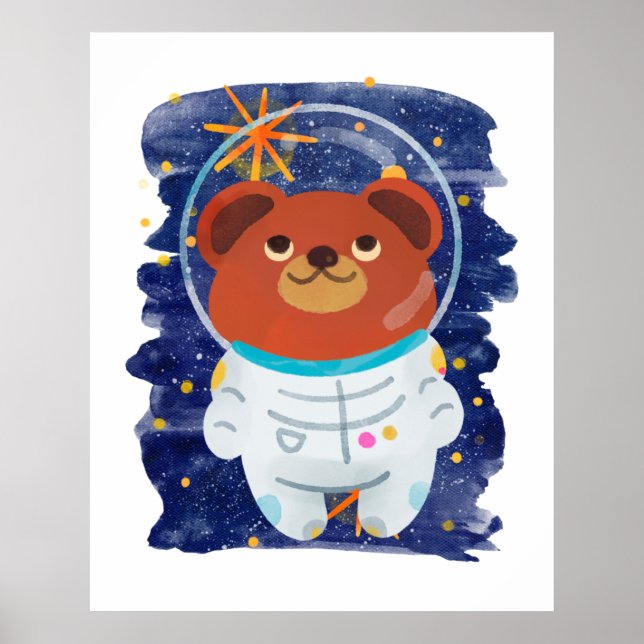 Poster Urso Astronauta Flutuante Espaço Estrelas Aquarela (Frente)