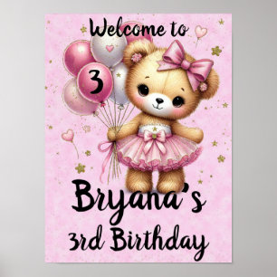Poster Urso Bailarina Rosa Balão Brilhante Festa de Anive
