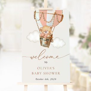 Poster Urso, Balão de Ar Quente Rosa, Bem-vindo ao Chá de