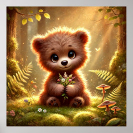 Poster Urso Bebê Bonito com Flores na Floresta Encantada 