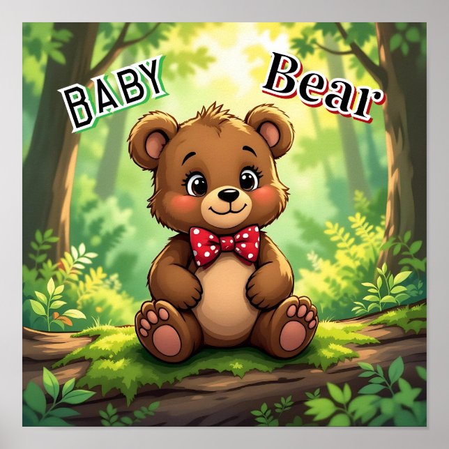 Poster Urso Bebê de Desenho Fofo na Floresta (Frente)