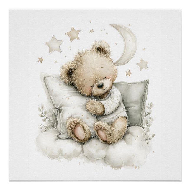Pôster Urso bebê doce dormindo profundamente em nuvens fo (Frente)