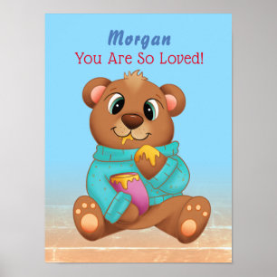 Poster Urso Bebê Fofo Comendo Mel Nome da Criança & Mensa