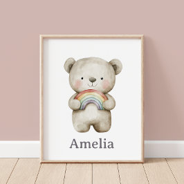 Poster Urso Bonito Segurando Um Bebê Arco-Íris Boho
