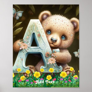 Poster Urso Brancinho Bonito, Segurando Alfabético A