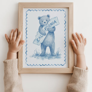 Poster Urso Cartaz de Arte de Parede Azul Mapa da Califór