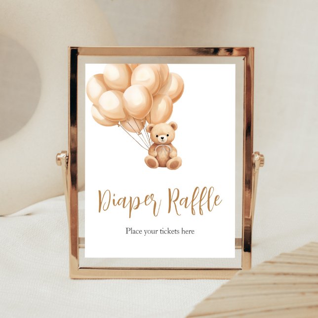 Poster Urso Castanho-Balão Fralda-Chá de fraldas Raffle (We Can Bearly Wait Baby Shower Diaper Raffle Sign)