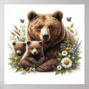 Poster Urso Castanho com Cubos em Prado Floral