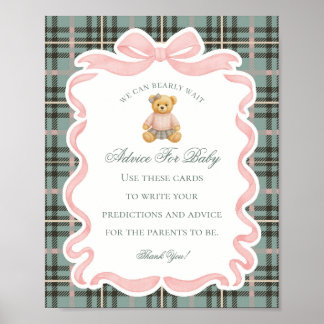 Poster Urso com Laço Coquete Rosa Conselhos para o Bebê