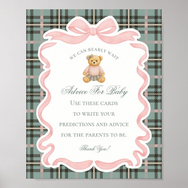 Poster Urso com Laço Coquete Rosa Conselhos para o Bebê (Frente)