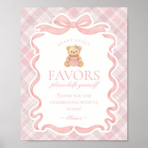 Poster Urso com Laço Coquete Rosa Sinal de Favor de Festa