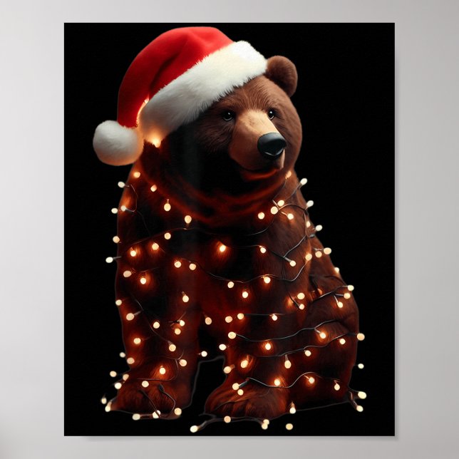 Poster Urso Com Papai Noel E Luzes De Natal Curvando Xmas (Frente)