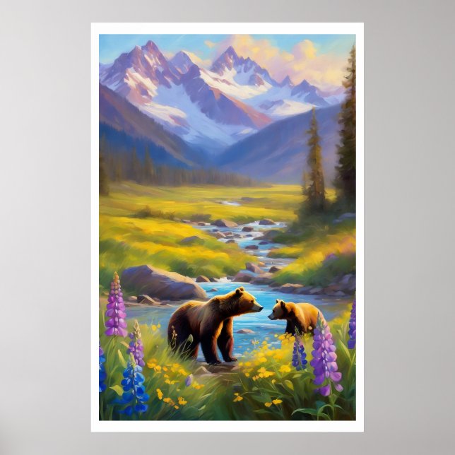 Poster Urso Cubo-Neve Montanha Prados Flores Selvagens (Frente)