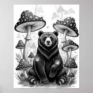 Poster Urso da Floresta Whimsical e Cogumelos Magos