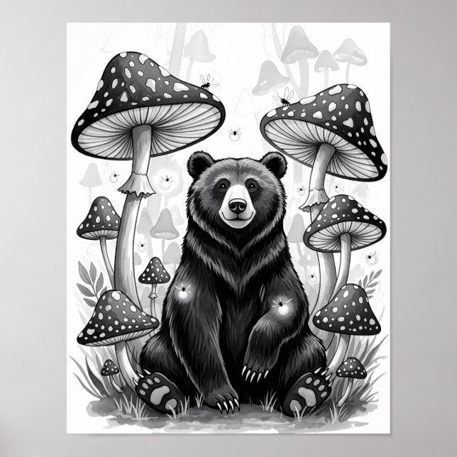 Poster Urso da Floresta Whimsical e Cogumelos Magos (Frente)
