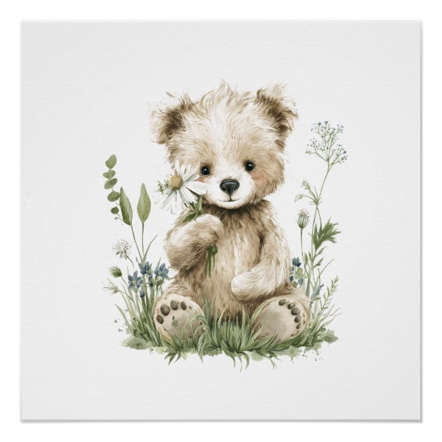 Pôster Urso de Água-Forte Fofo com Flores Silvestres (Frente)