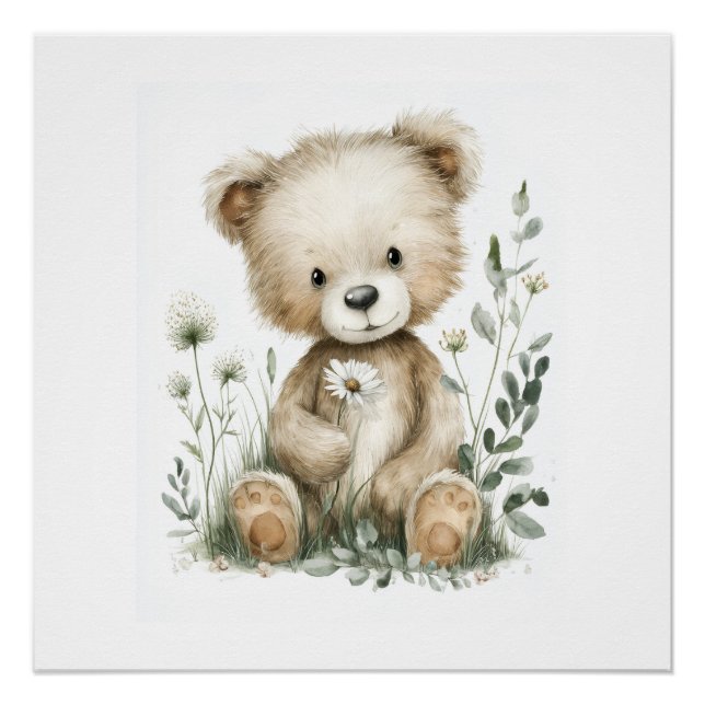 Pôster Urso de Água-Forte Fofo com Flores Silvestres (Frente)