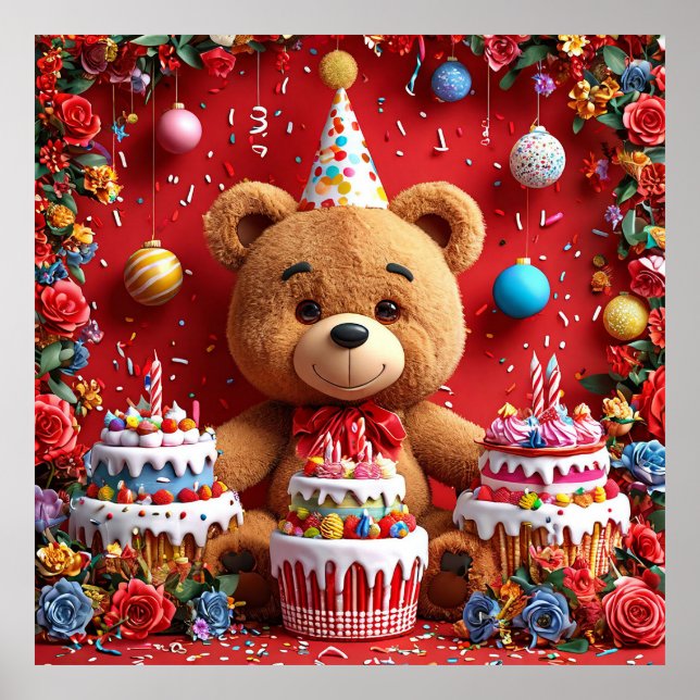 Poster Urso de aniversário com bolo e balões (Frente)