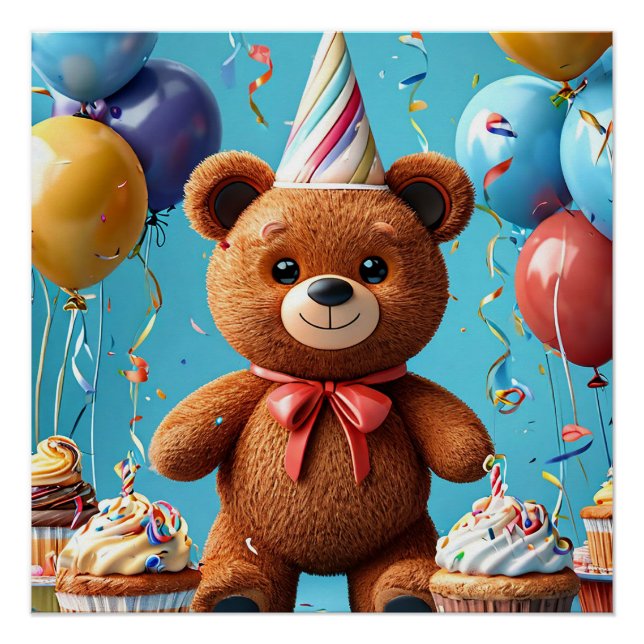 Pôster Urso de aniversário com bolo e balões (Frente)