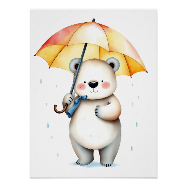 Pôster Urso de Aquarela com Guarda-chuvas e Gotas de Rain (Frente)