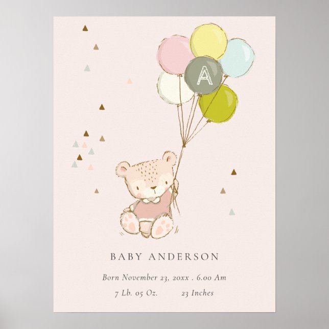 Poster Urso de Beijofofo Balão Monograma Bebê Menina (Frente)