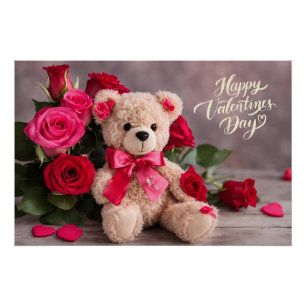 Pôster Urso de feliz dia de os namorados com Rosas