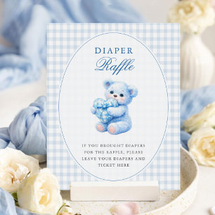 Poster Urso de Gingham Azul Churrasco de Bebê Neutro