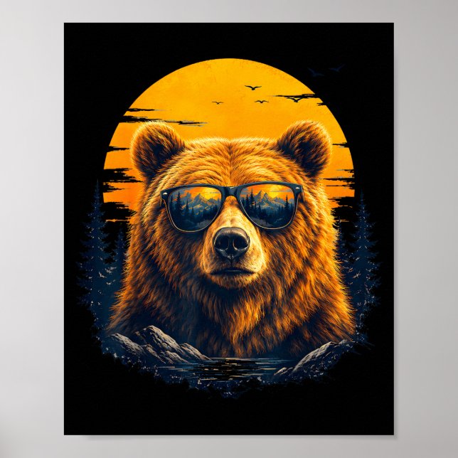 Poster Urso de hiking com óculos de sol arte retrô de mon (Frente)