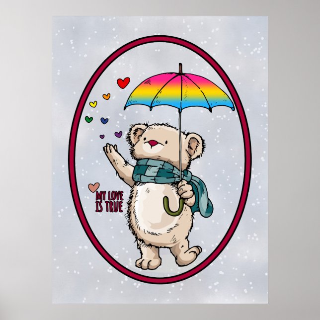 Poster Urso De Inverno Com Guarda-Chuva Em Cores De Bande (Frente)