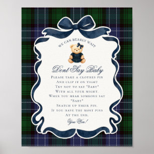 Poster Urso de Laço Coquete Préppy Xadrez Não Diga Bebê J