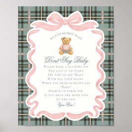 Poster Urso de Laço Coquete Rosa Xadrez Tartan Não Diga J
