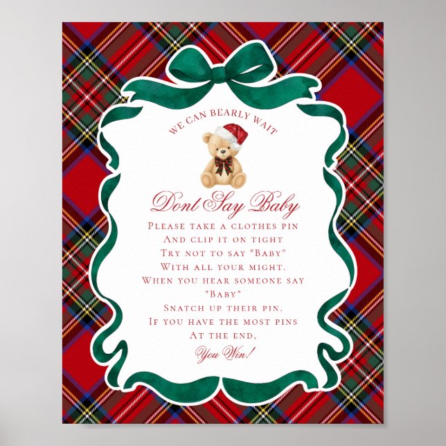 Poster Urso de Natal Xadrez Vermelho Não Diga Jogo de Beb (Frente)