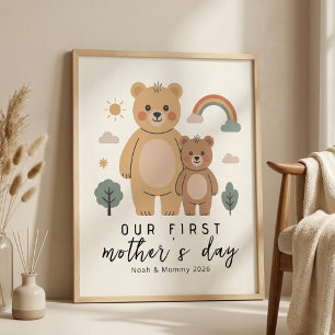 Poster Urso de Pastel Mamãe Bebê Primeiro Dia das Mães Ar