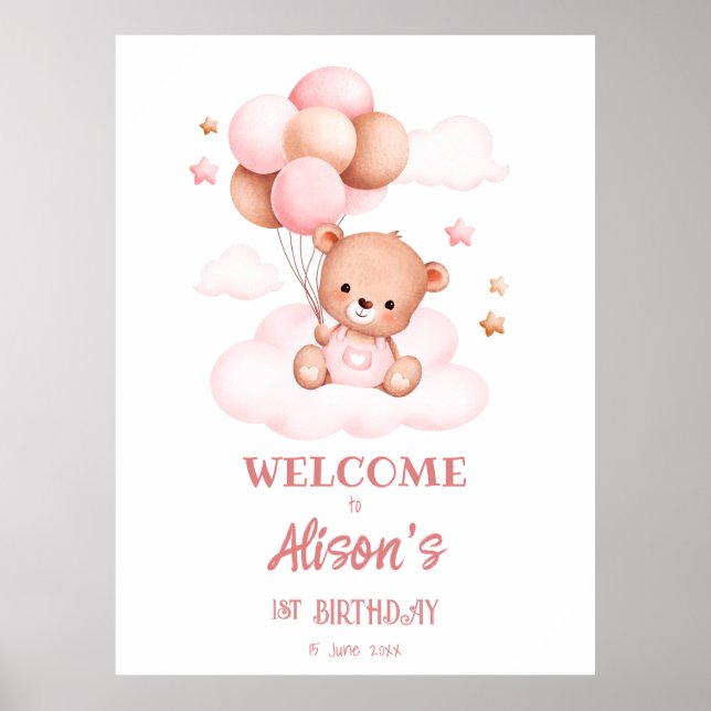 Poster Urso de peluche rosa com balões sobre nuvens, sob  (Frente)