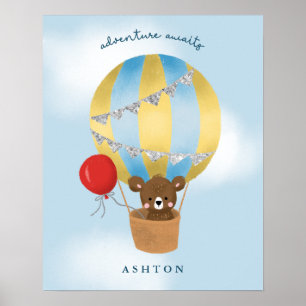 Poster Urso de pelúcia de balão de ar quente azul fofo