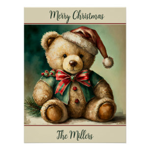 Pôster Urso de pelúcia de Natal vintage personalizado