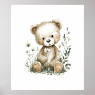 Poster Urso de pelúcia em aquarela com flores silvestres