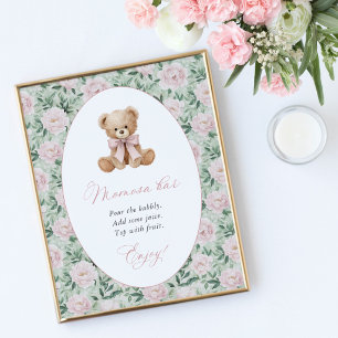 Poster Urso de Pelúcia, Laço Rosa, Flores Rosas, Barra Mo