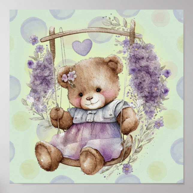 Poster Urso de pelúcia marrom baloiçando vestido lavanda  (Frente)