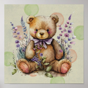 Poster Urso de pelúcia marrom com flores de lavanda e bol