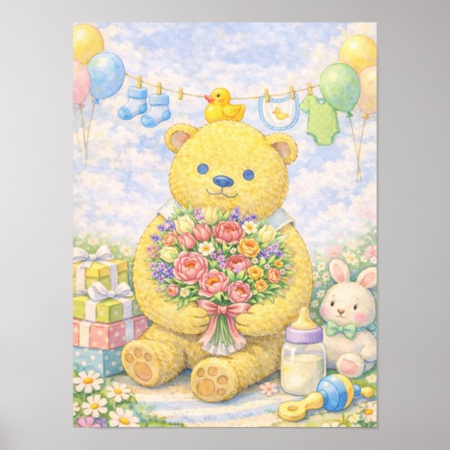 Poster Urso de Pelúcia Pastel com Flores (Frente)