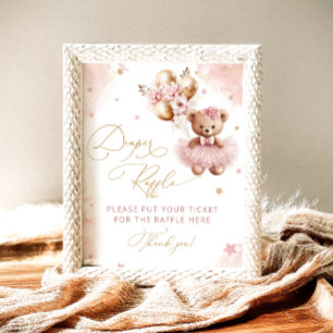 Poster Urso de pelúcia rosa Balão Baby Shower Rifas de Fr