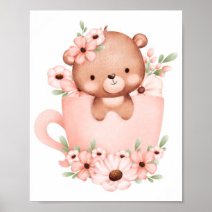 Poster Urso de pelúcia rosa fofo em um copo com flores 