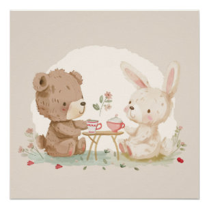 Pôster Urso de Teddy Adorável e Coelhinho com Tea - Arte