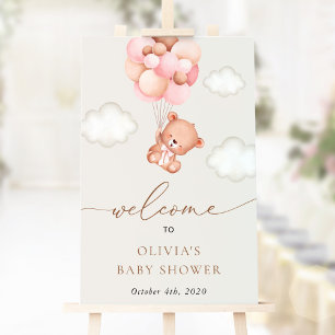 Poster Urso de Teddy, Balões Rosa, Boas-vindas ao Chá de