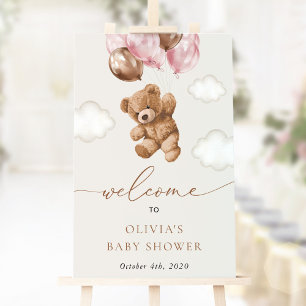 Poster Urso de Teddy, Balões Rosa, Boas-vindas ao Chá de