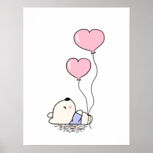 Poster Urso de Teddy Bonito com Balões Rosa Meninas Quar