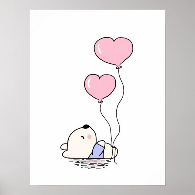Poster Urso de Teddy Bonito com Balões Rosa Meninas Quart (Frente)