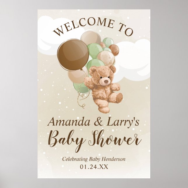 Poster Urso de Teddy com Balões Verdes e Castanhos Bem-vi (Frente)